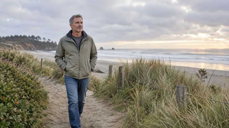 Man on a quiet beach walk, the kind of ordinary morning that becomes possible when alcohol use disorder is treated at any stage.