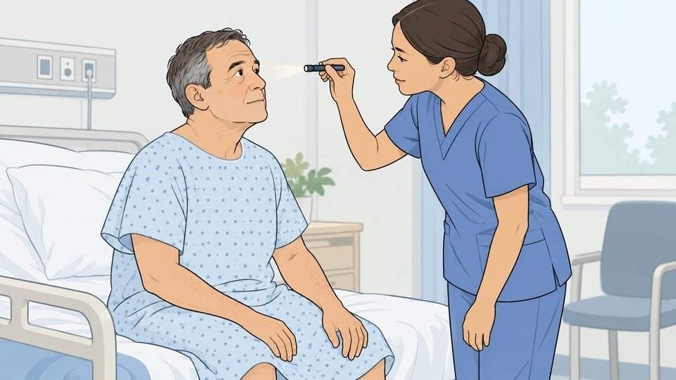 Nurse checking a man's eye movements, one of the early wet brain symptoms clinicians look for
