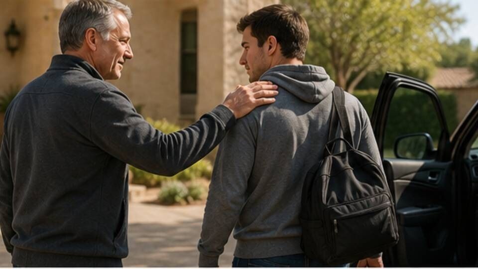 Man leaving a detox program to a waiting friend, the step after the alcohol withdrawal timeline ends.