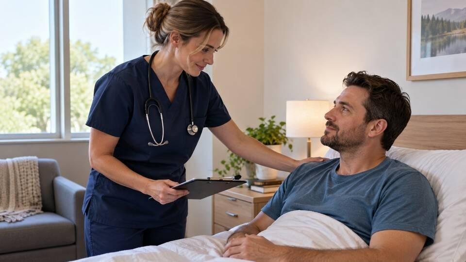 Nurse checking a client's pulse during medically supervised alcohol withdrawal