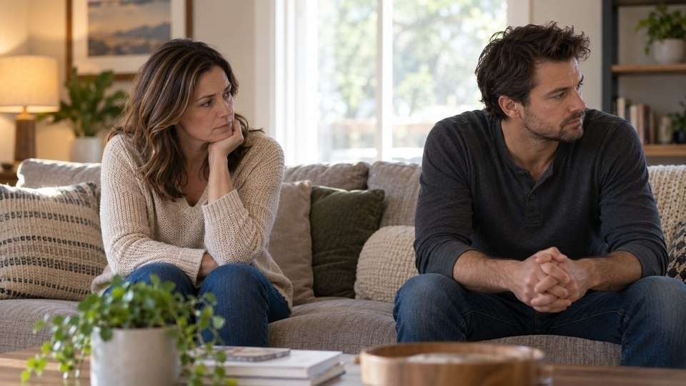 Couple talking on a couch at night about high-functioning alcohol use disorder and what comes next