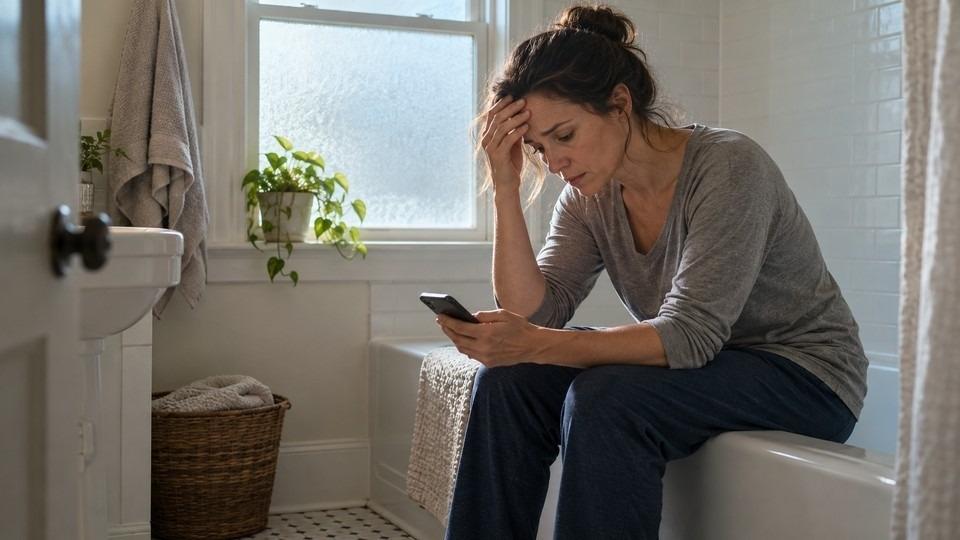 Woman sitting on the edge of a bathtub, counting how many days early her gabapentin ran out.