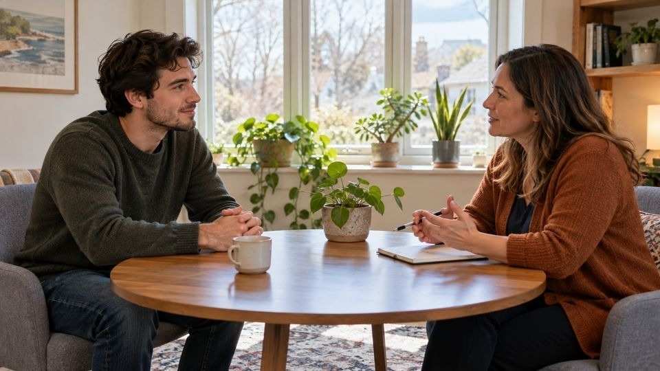 Man at a first outpatient appointment for kratom addiction, talking with a counselor.
