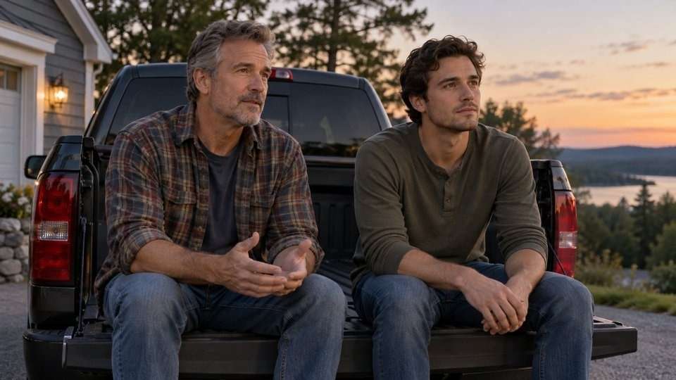 Father and adult son talking on a truck tailgate about the signs of cocaine use he has noticed