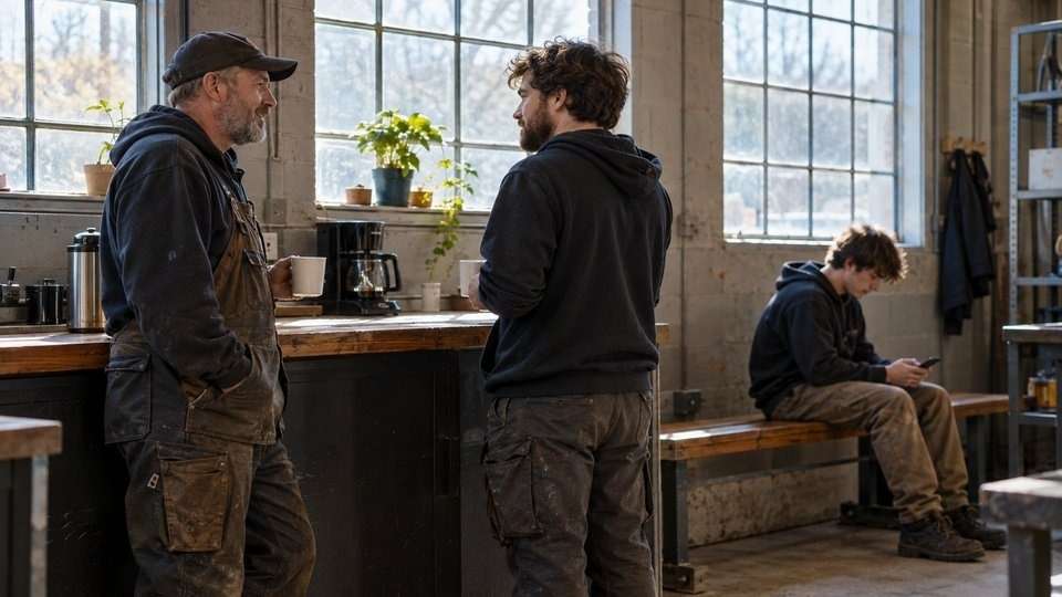 Coworker sitting apart from colleagues in a fabrication shop break room.