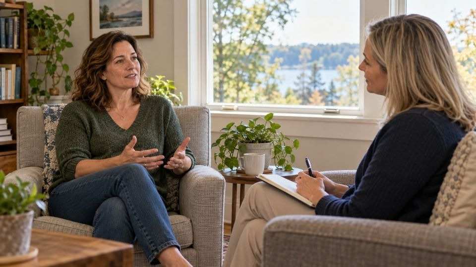 Woman speaking with a counselor in a bright office.