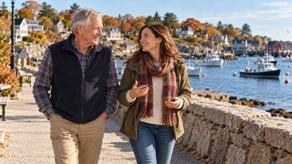 Father and adult daughter walking on a North Shore harbor path after starting opioid addiction treatment.