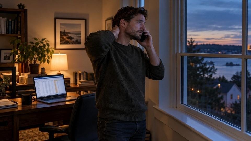 Man making a phone call from a home office at dusk to refill adderall.