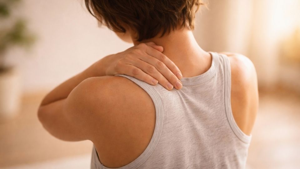 Are Muscle Relaxers Addictive a woman presses against her shoulder in pain, but needs to worry about addiction.