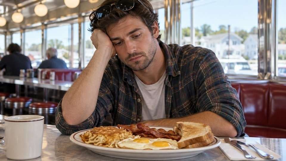 Man resting at a diner counter after a sleepless night